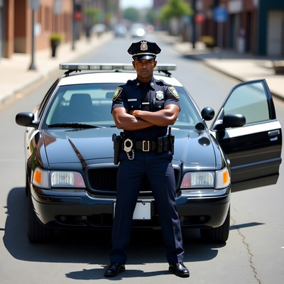 African-American police officer by patrol car