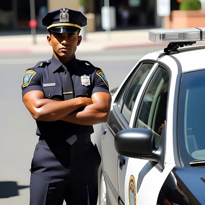 Latino police officer standing by patrol car