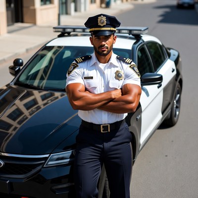 Muscular Black Police Officer by Patrol Car