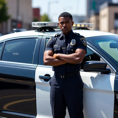 African-American police officer leaning on patrol car