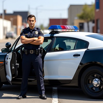 Policeman standing by patrol car