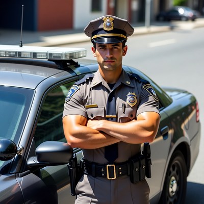Muscular Latino police officer by patrol car