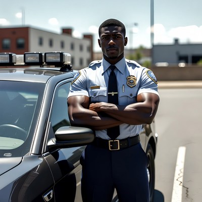 Muscular African-American police officer by patrol car