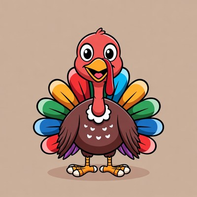 Cartoon Turkey with Rainbow Feathers