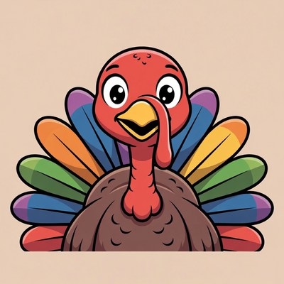 Cartoon turkey with rainbow feathers