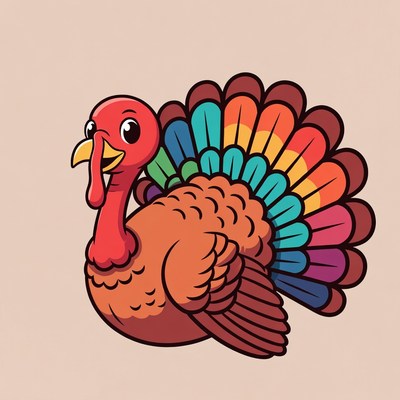 Cartoon Turkey with Rainbow Feathers