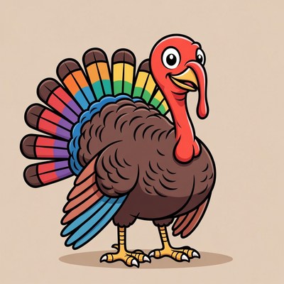 Cartoon Turkey with Rainbow Feathers