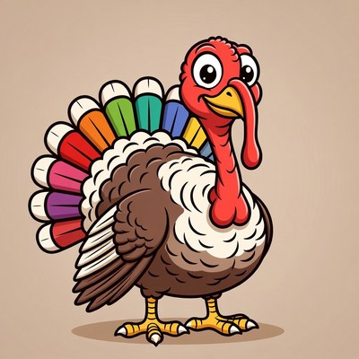 Cartoon turkey with rainbow feathers