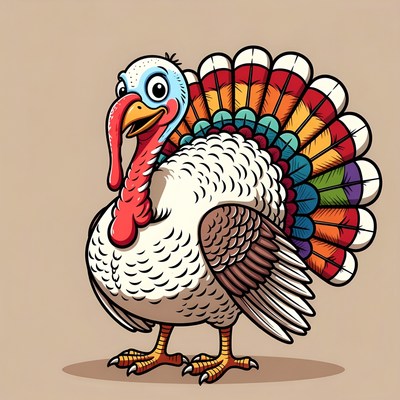 Cartoon Turkey with Rainbow Feathers