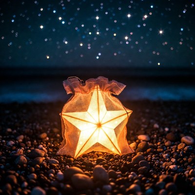 Glowing star lantern on pebbly beach