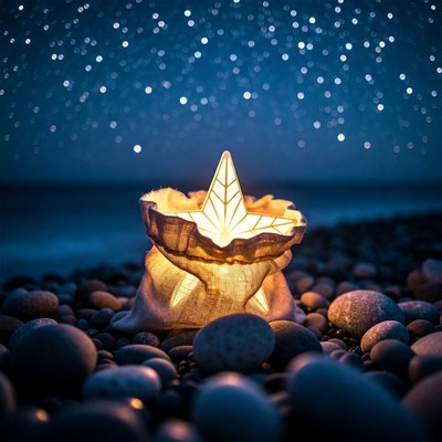 Glowing Star in Burlap Sack on Pebbles