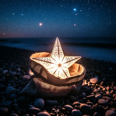 Glowing Star Lantern in Burlap Bag on Beach
