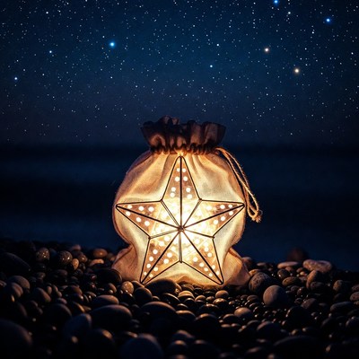 Glowing Star Lantern on Pebbles