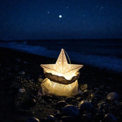Star Lantern in Beach Sand at Night
