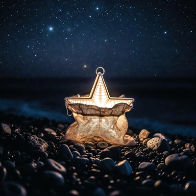 Lit Star Lantern on Beach Rocks