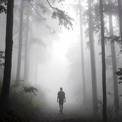 Man walking foggy forest path