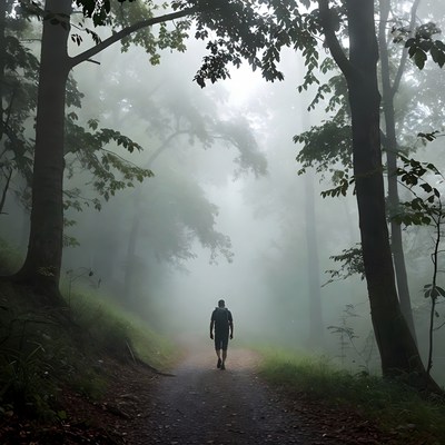Man walking foggy forest path