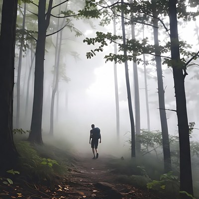 Man hiking foggy forest trail