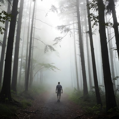 Man walking foggy forest path