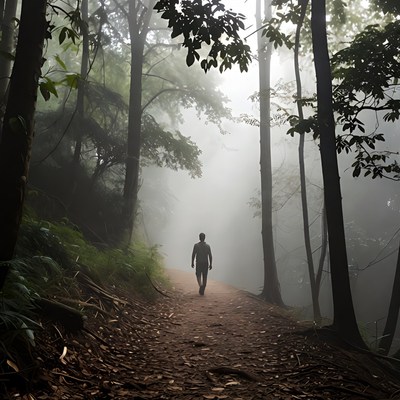 Man walking misty forest path