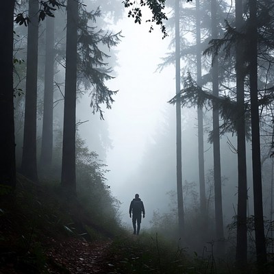 Man walking foggy forest path