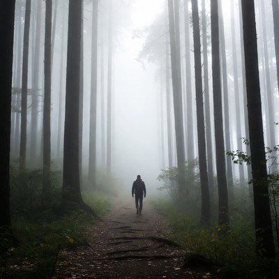 Man walking foggy forest path