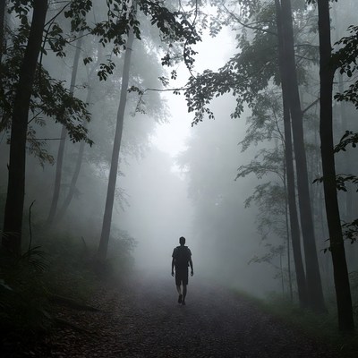 Man walking foggy forest path