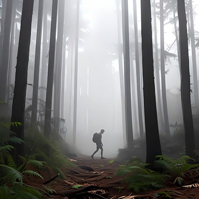 Hiker walking foggy forest trail