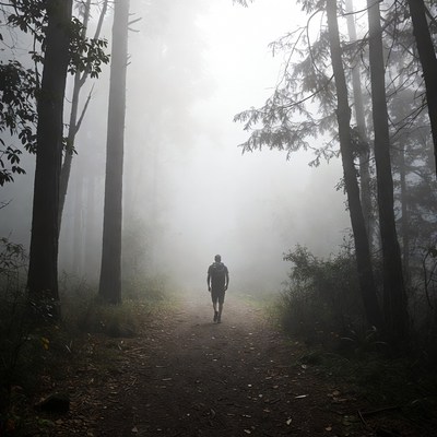 Man walking foggy forest path