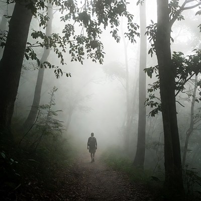 Man walking foggy forest path