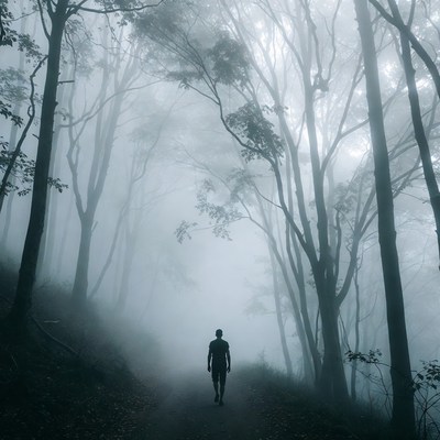 Man walking foggy forest path