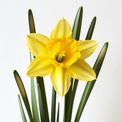 Yellow Daffodil Flower with Green Leaves