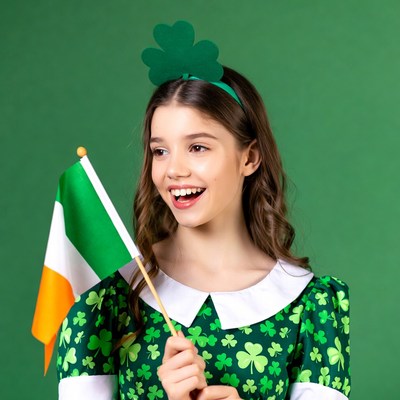 Girl holding Irish flag with shamrocks
