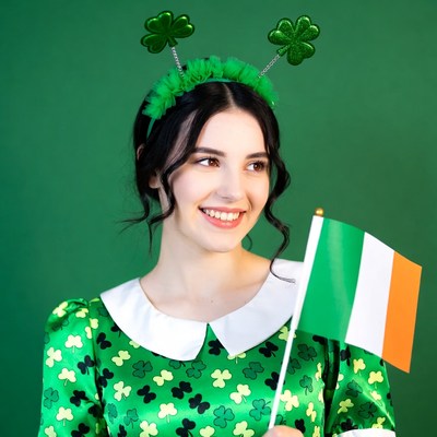 Woman in shamrock headband holding Irish flag