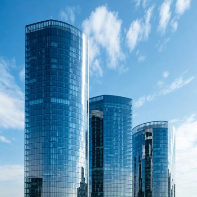 Three Modern Glass Skyscrapers Blue Sky