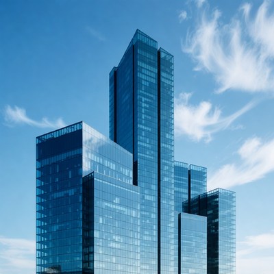 Modern glass skyscrapers under blue sky