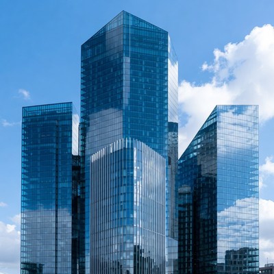 Modern Glass Skyscrapers Against Blue Sky