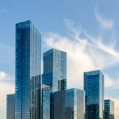 Modern Glass Skyscrapers Against Blue Sky