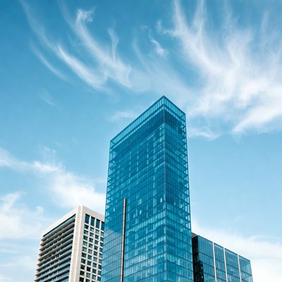 Modern Glass Skyscrapers Against Blue Sky