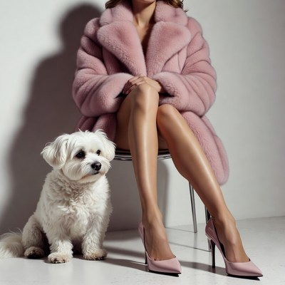 Woman in pink fur coat with white dog