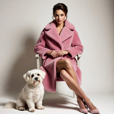 Woman in pink fur coat with white dog