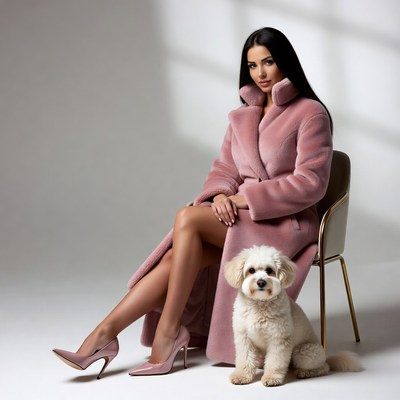 Woman in pink fur coat with dog