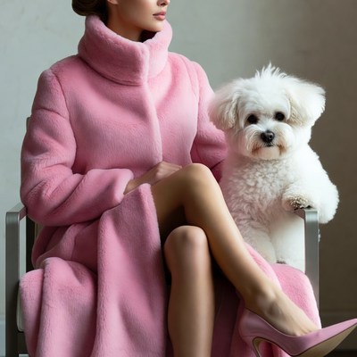 Woman with Bichon Frise in Pink Coat