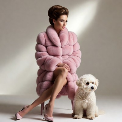 Woman in Pink Fur Coat with White Dog