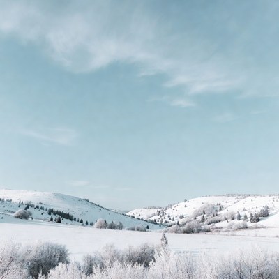 Snowy Hills with Trees Under Blue Sky