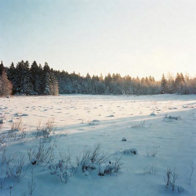 Snowy Field with Pine Trees at Sunset