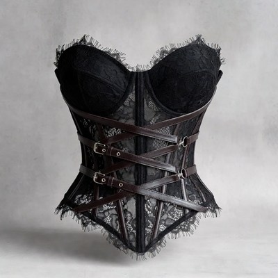 Black Lace Corset with Leather Straps