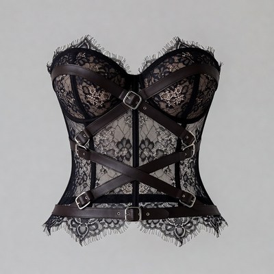 Black Lace Corset with Leather Straps