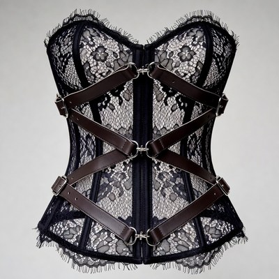 Black Lace Corset with Leather Straps