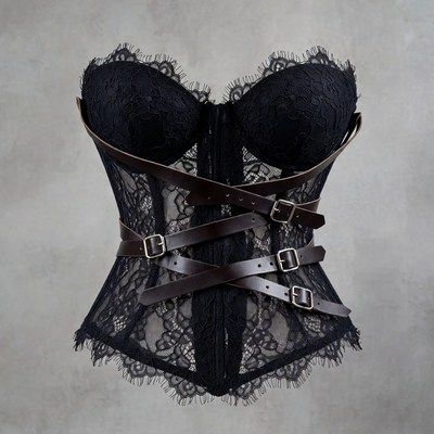 Black Lace Leather Strap Corset